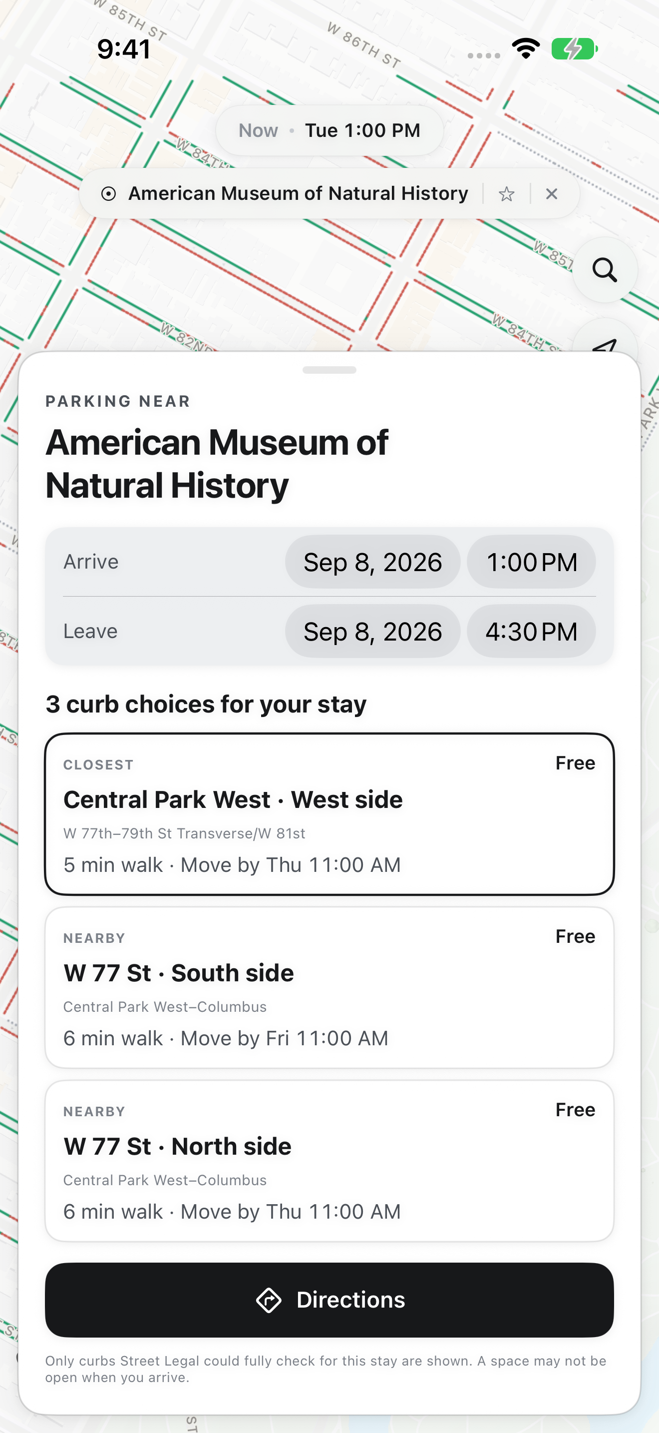 The whole-stay planner showing a destination, arrival and departure times, and nearby curb options.