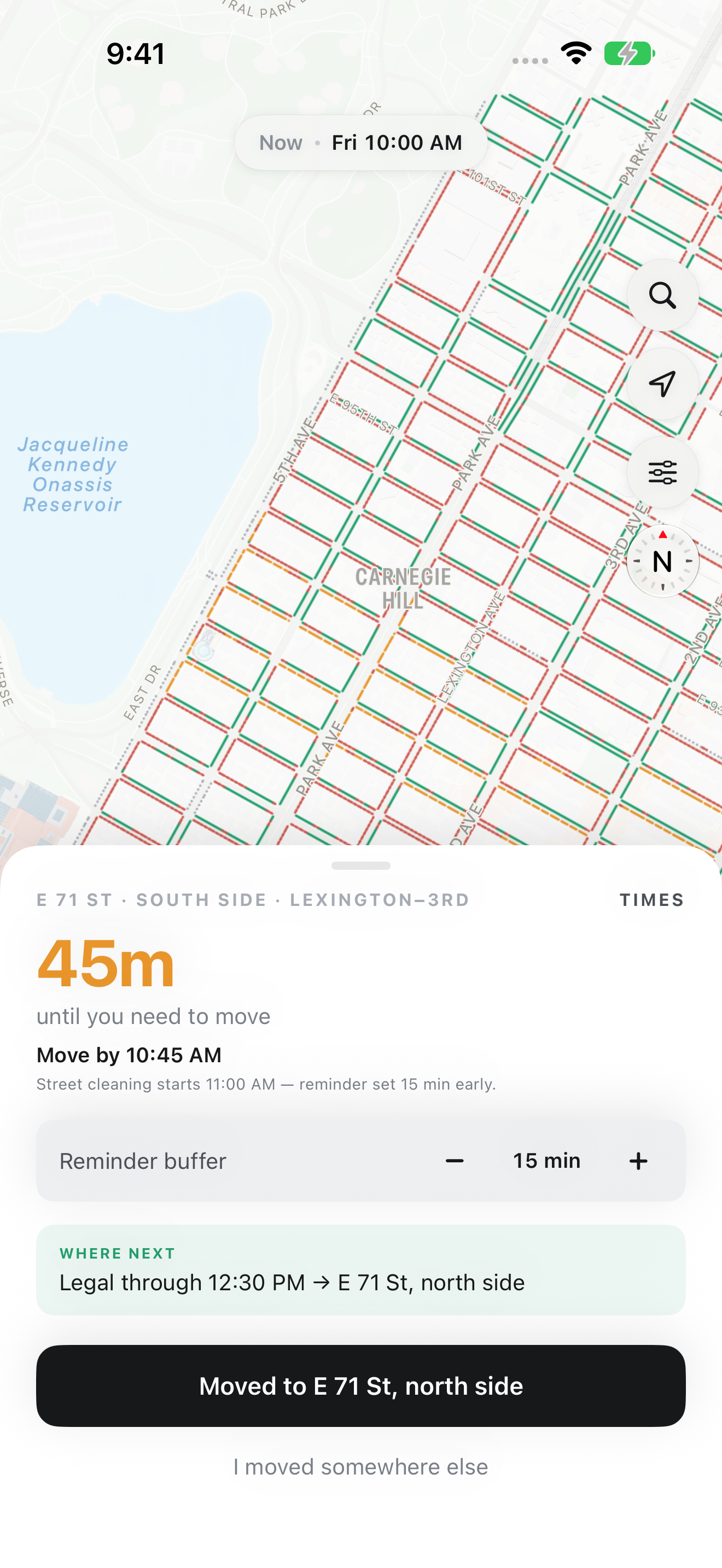 Saved parking with its move-by time, reminder, Back to my car and Share parking location controls.